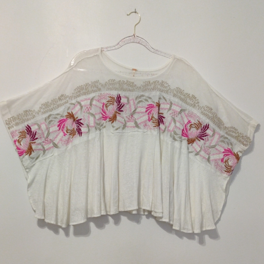 Free People White Blouse with Pink Floral Embroidery